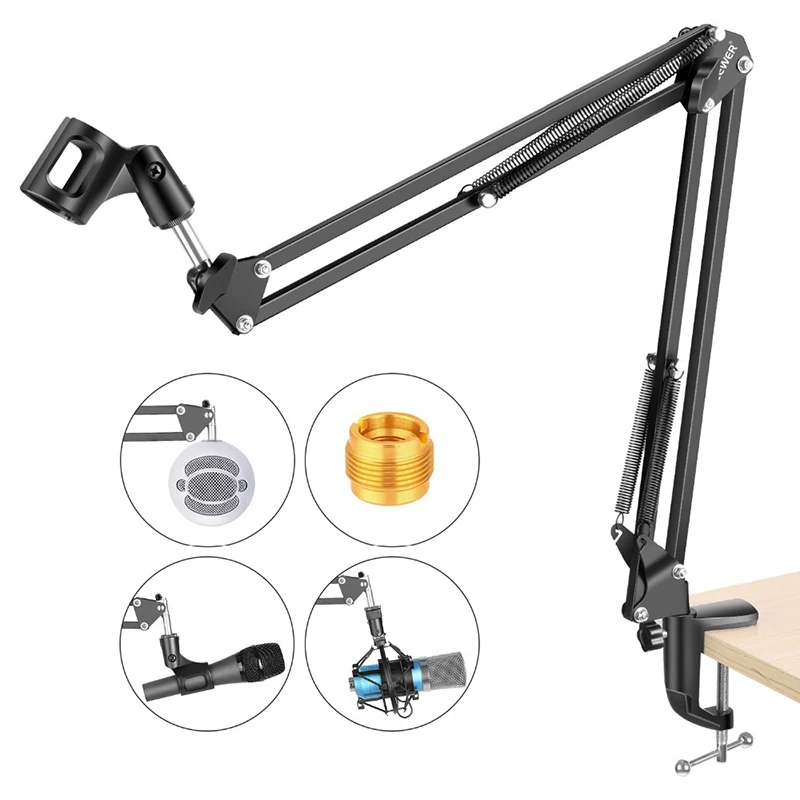 ABKQ-Extendable Recording Microphone Holder Suspension Boom Scissor Stand Holder With Mic Clip Table Mounting Clamp