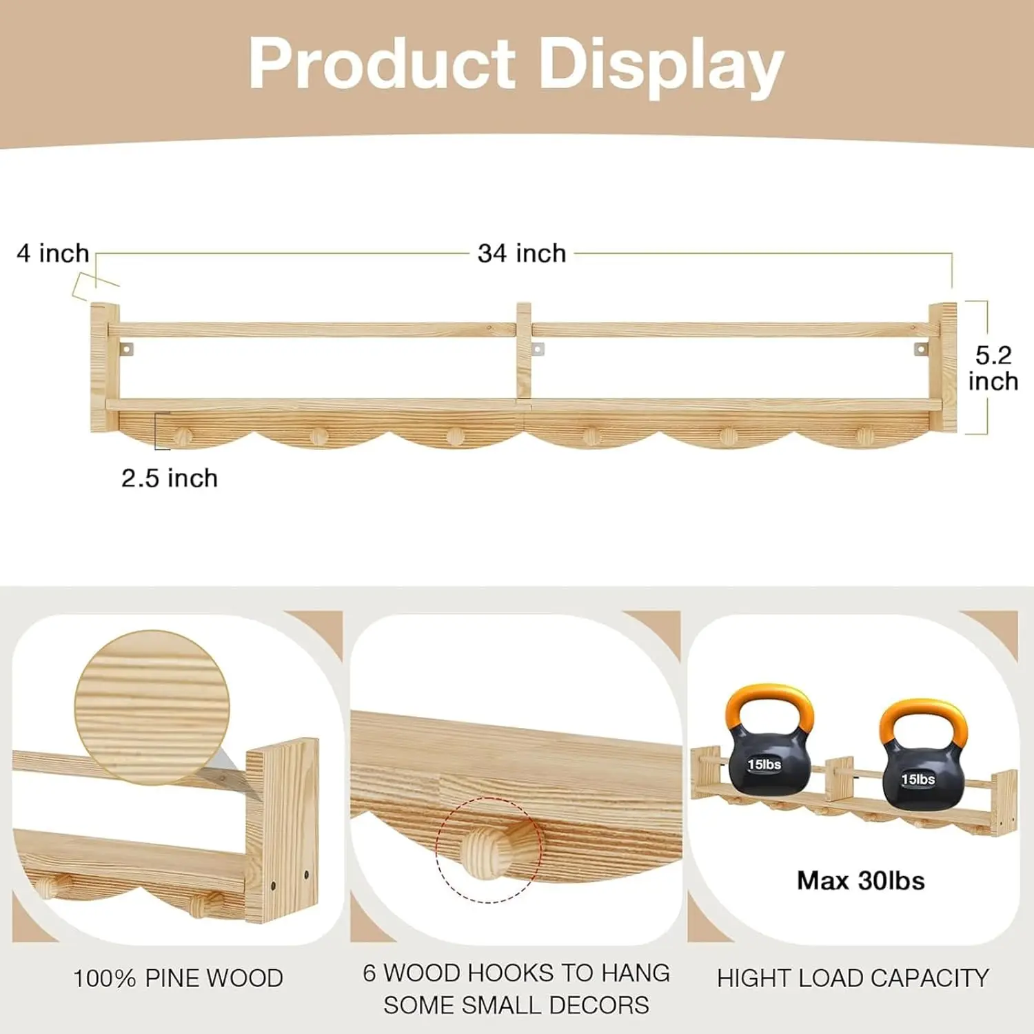 Conjunto de 4 prateleiras de parede flutuantes com ganchos, estante infantil de 34 polegadas para decoração de berçário