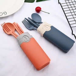 5Pcs Travel Cutlery with Portable Box Japan Style Wheat Straw Flatware Knife Fork Spoon Chopsticks Student Dinnerware Set Kitche