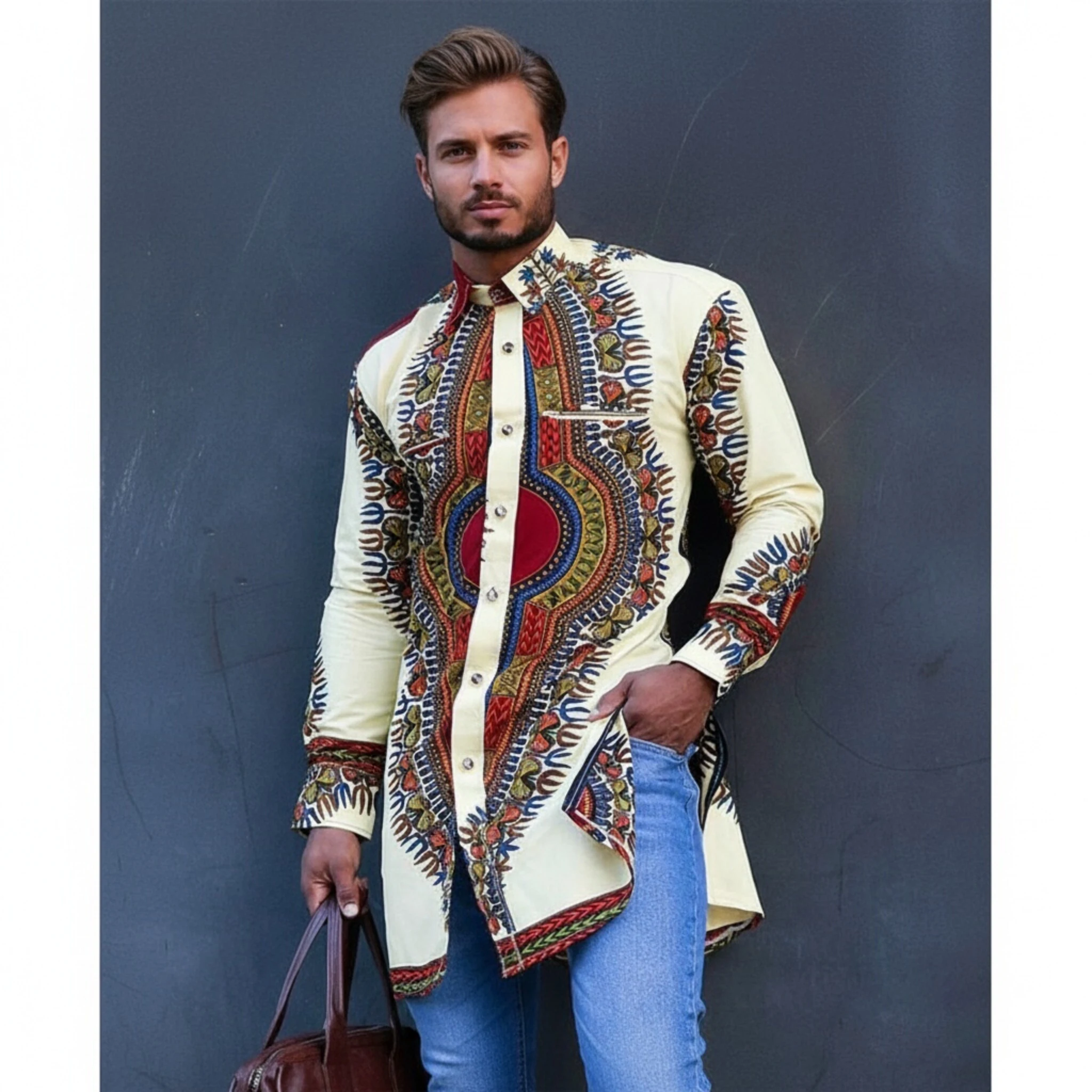 Men African Print Long Sleeve Tunic Shirt Vintage Ethnic Geometric Pattern Mid Length Button Down Shirt Casual Streetwear Party