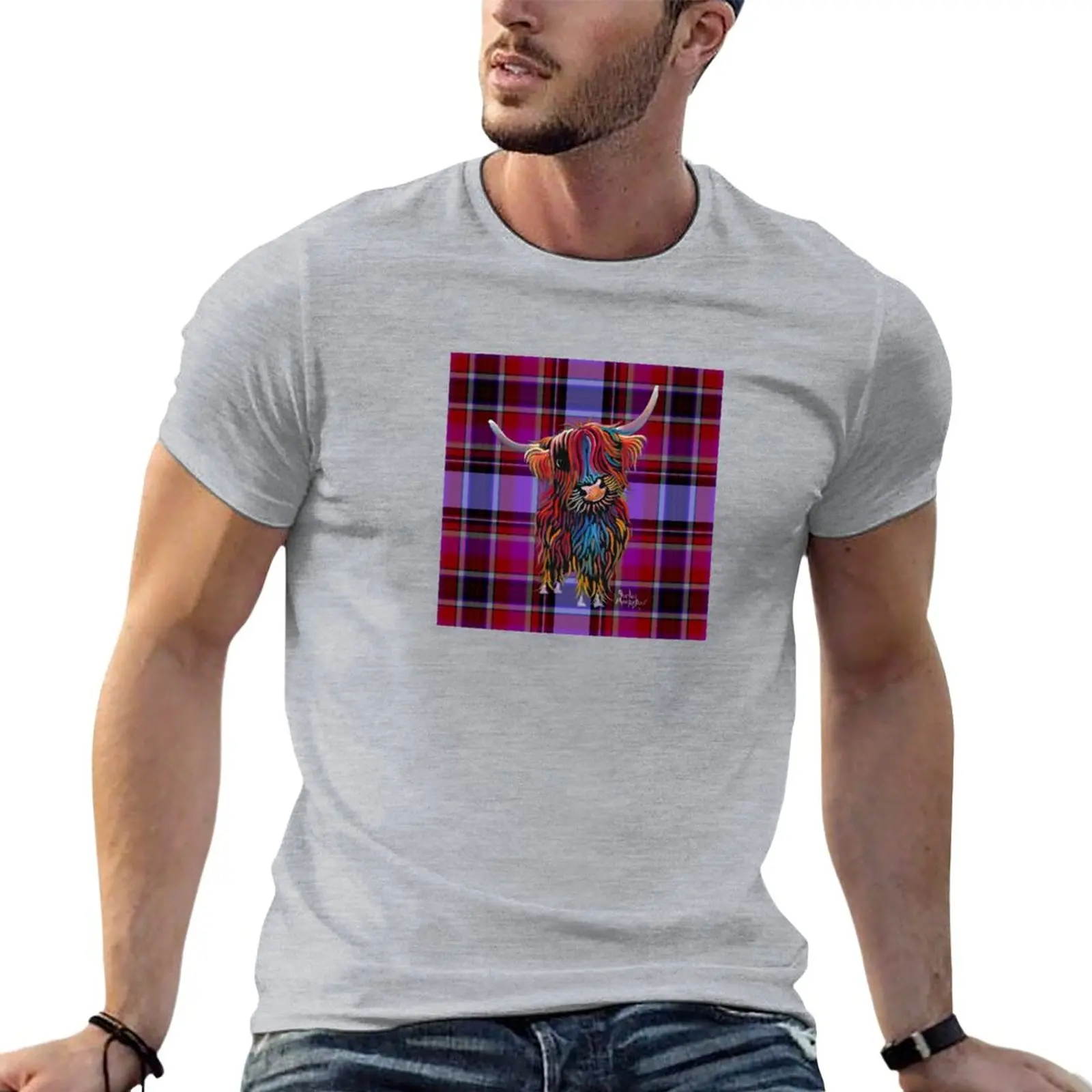 HiGHLaND CoW PRiNT SCoTTiSH ' TaRTaN BaBe P ' BY SHiRLeY MacARTHuR T-Shirt Short sleeve men workout shirt