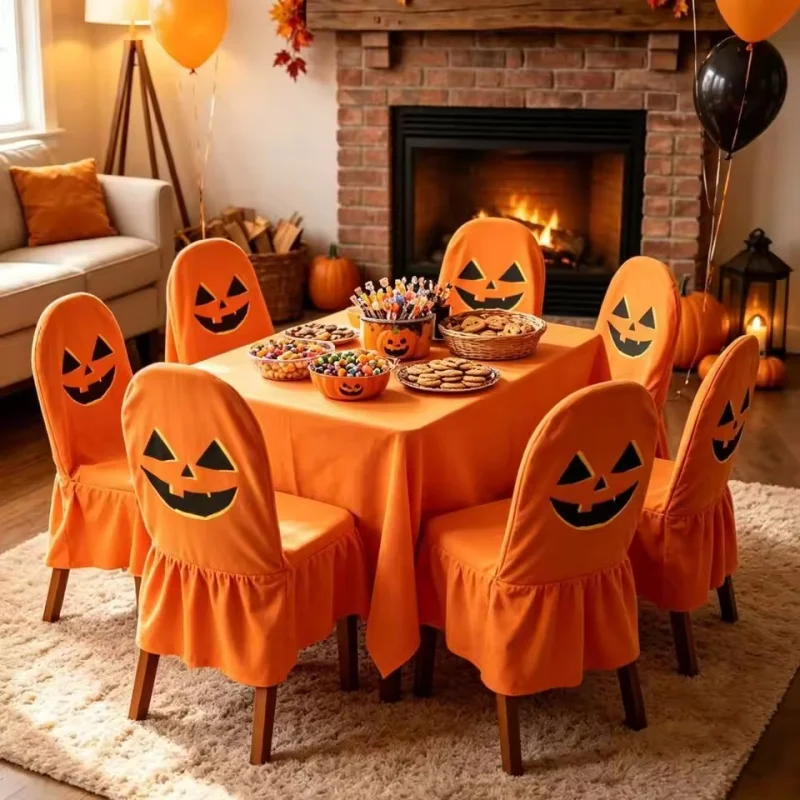 Festival Table Decor Creativity Pumpkin Halloween Chair Cover Skull Pattern Stretch Halloween Dinner Chair Seat Cover Soft Pink
