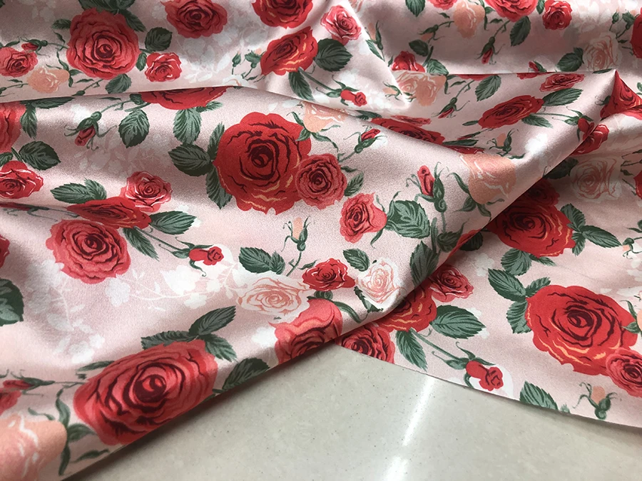 19 Momme High Quality Real Silk Spandex Satin Fabric Pink Lake Green Delicate Rose Spray Painting Designer Dress