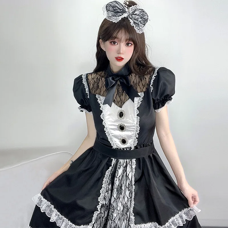 

New Gothic Lolita Maid Costume Dress Black White Cute School Girl Outfit Black Sexy Lace Corset Super Heavy Work Women's Uniform