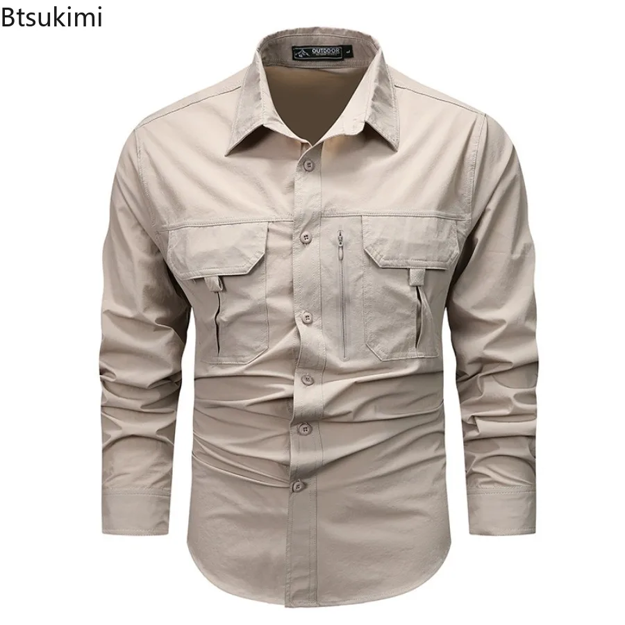 New Men's Outdoor Quick Dry Stretch Workwear Shirt Spring Male Large Chest Pockets Breathable Tactical Casual Cargo Blouse Tops