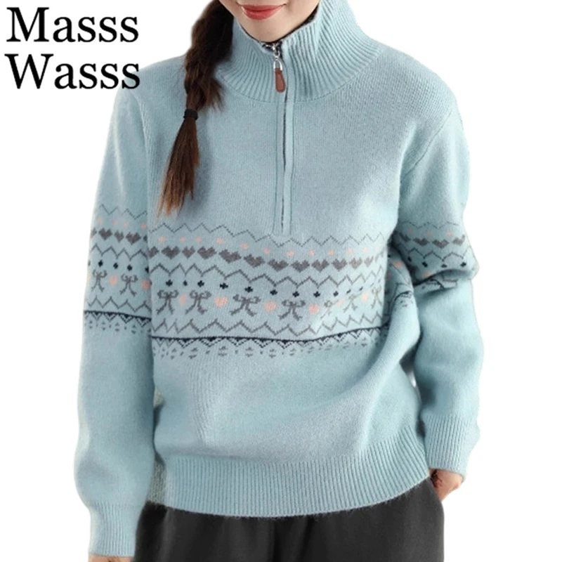 

Mass Wasss 2025, зимняя мода, полосатые водолазки, женские классические повседневные свитера, женские винтажные свободные хлопковые пуловеры
