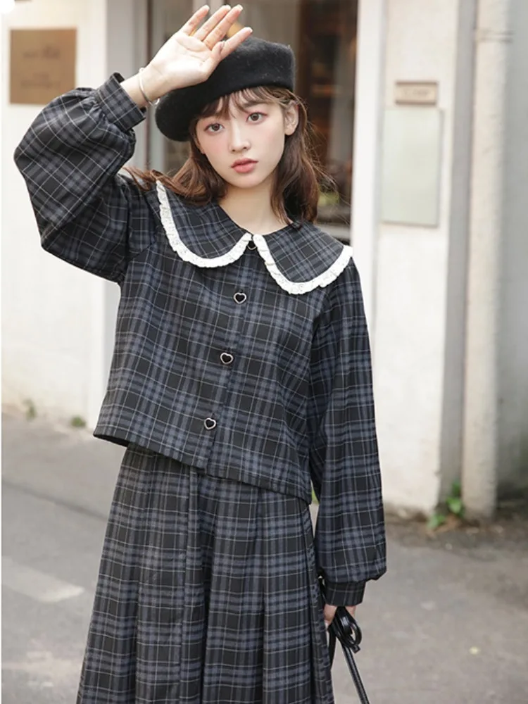 Women's Plaid 2-piece Set Skirt Doll Collar Long-sleeve Shirt High-waistea-line Pleated Skirt Retro Japanese-style Autumn Outfit