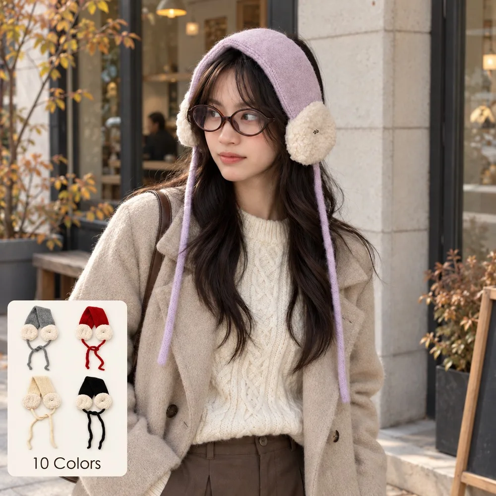 Women Winter Earmuffs Knitted Headband Plush Ear Warmers with Tie Straps Korean Style Outdoor Cold Weather Accessories