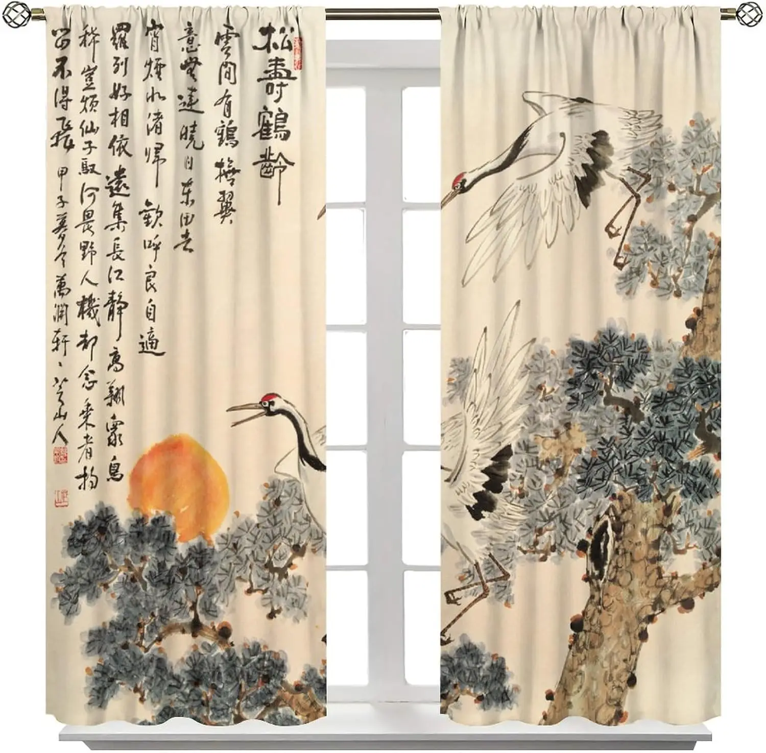 Asian Curtains, Vintage Japanese Ink and Landscape Crane Traditional Cherry Blossom Flower Sun Window Treatments Drapes for Girl