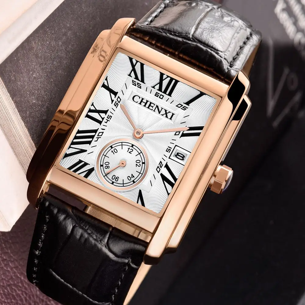 Luxury Top Brand Square Mens Wristwatches Unique Design Rose Gold Calendar Stop Watch Genuine Leather Quartz Business Male Clock