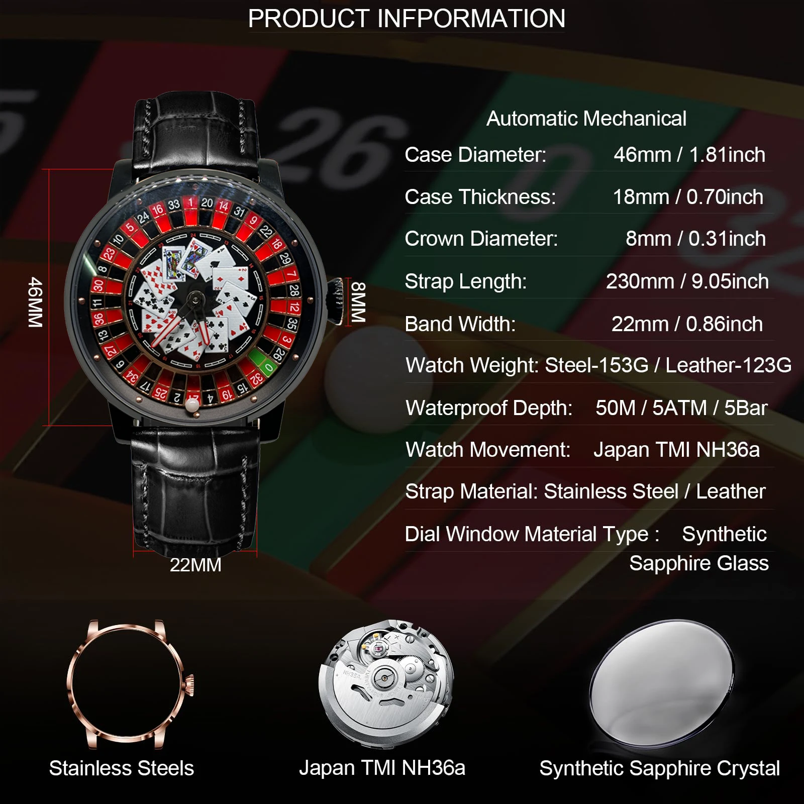 Richard New Mechanical Watch NH36 Sapphire Glass Rotating Dial Las Vegas Roulette Desktop Theme Automatic Watch Men Texas Holdem