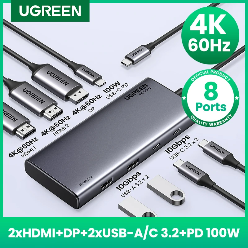 UGREEN-HUB USB C de Exibição Tripla, 10Gbps, 4K, Adaptador HDMI, Divisor 8 em 1 com HDMI DP, USB3.2, Dock PD 100W, MacBook Pro Air, PC