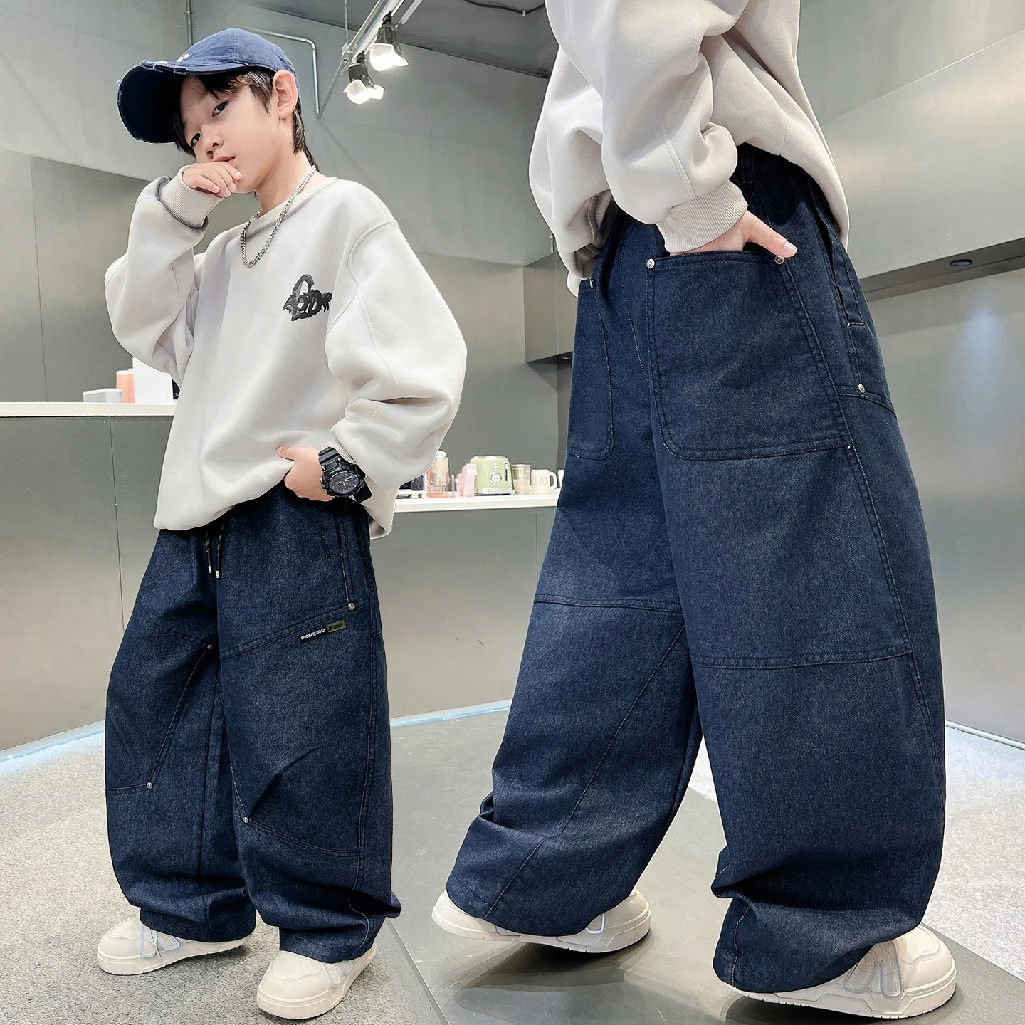 

25AW Spring Autumn Kids Wide Leg Denim Pants For Children Loose Pockets Trousers Teenage Boys Casual Fashion Blue Jeans