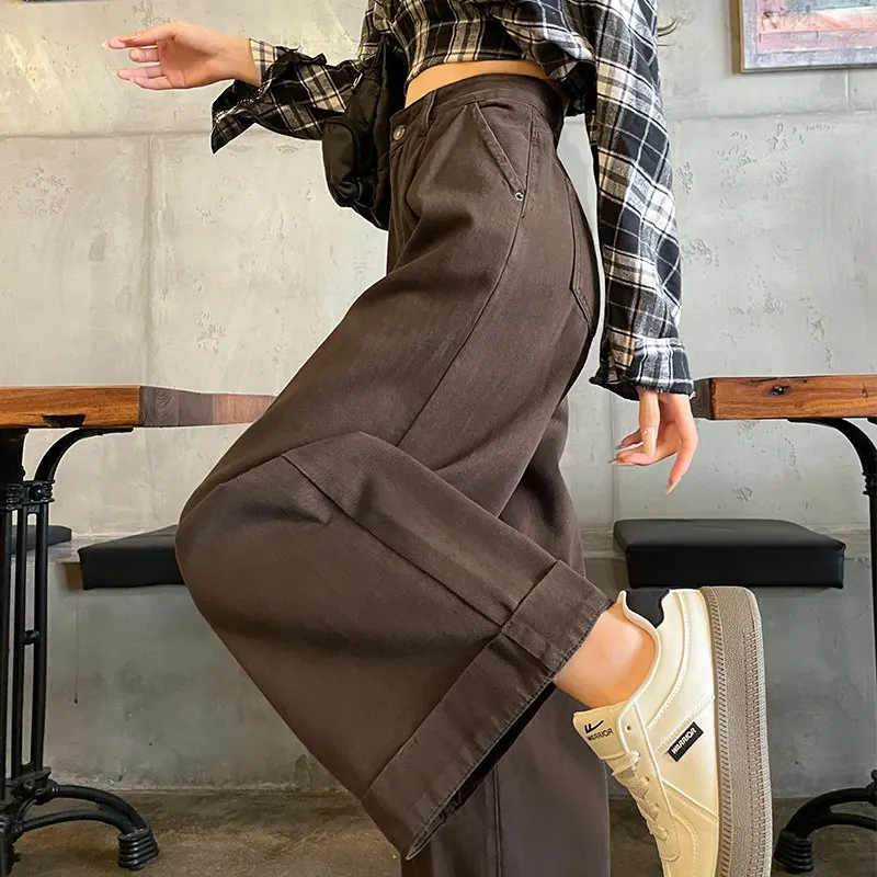 Women's Brown Coffee Loose Pleated Flared Jeans Grandmother Pants Classic Versatile High Waisted Straight Leg Wide Leg Pants