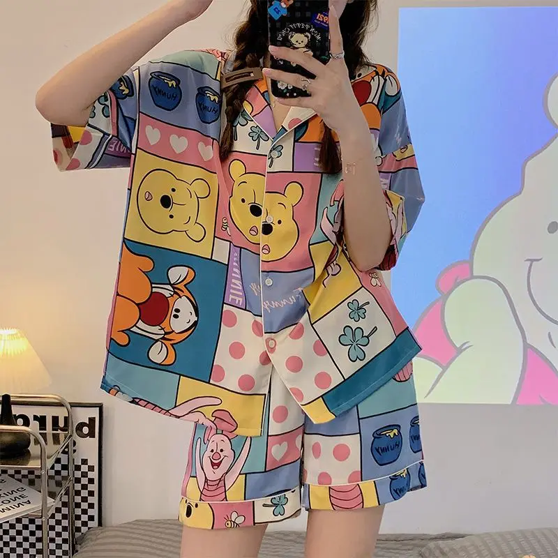 New Disney Winnie The Pooh Shorts Set Women Cute Cartoon Bear Pajamas Summer Short Sleeve Sleepwear Dormitory Home Clothing Y2k