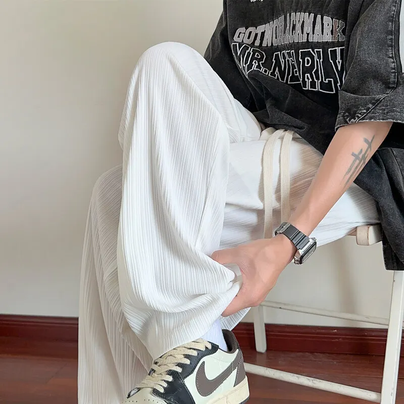Summer Thin Casual Pants Men Fashion Purple Ice Silk Pants Men Streetwear Loose White Pleated Pants Mens Black Trousers