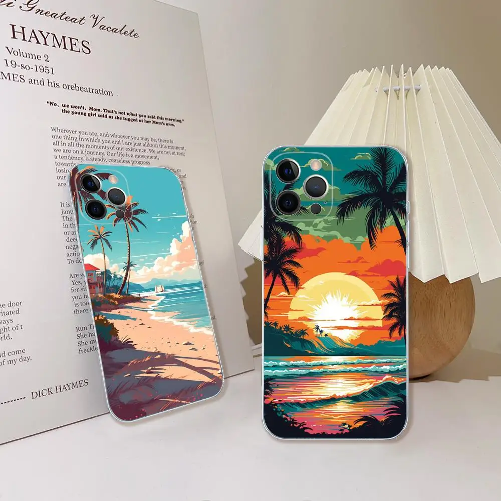 Art Aesthetic Beach Phone Case For iPhone 15 14 13 12 Mini 11 Pro XS Max X XR SE 6 7 8 Plus Soft Silicone Cover