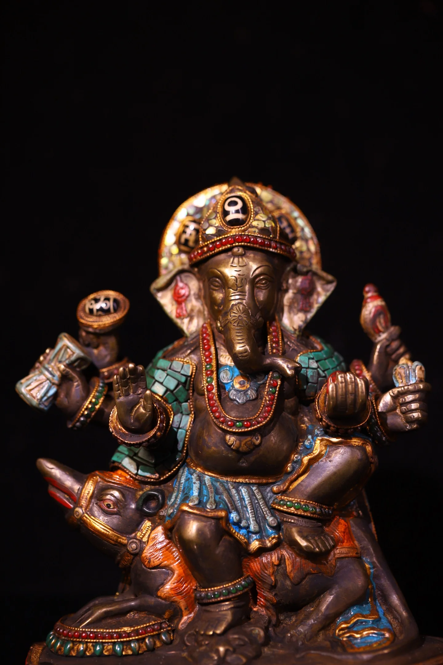 Old Lima Copper Mosaic Gem Turquoise Painted Ganesha Seated Buddha Elephant Head God Amitabha Buddha Worship Hall