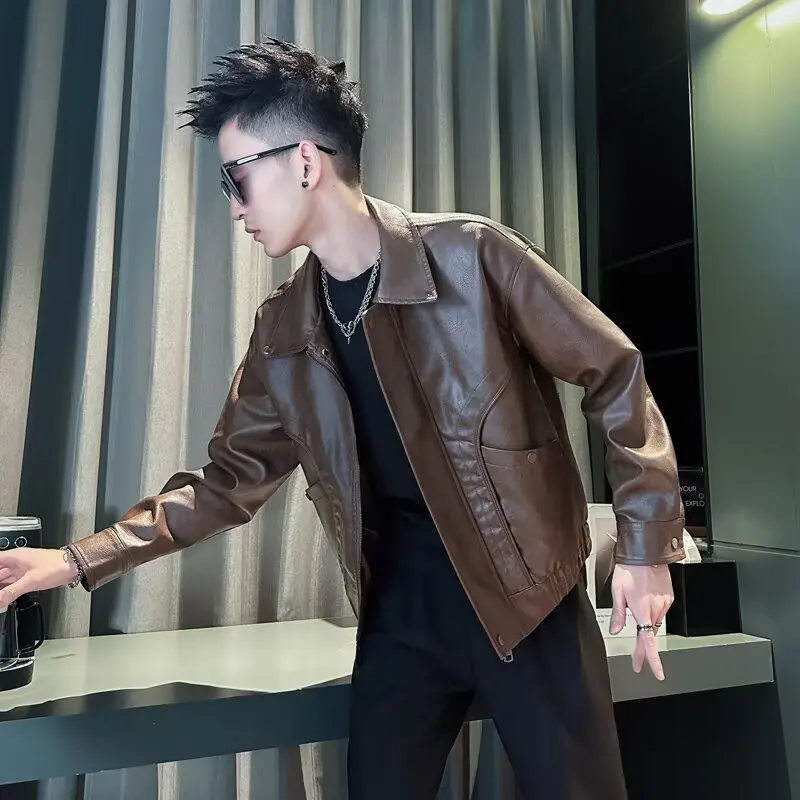 

Винтажная кожаная куртка American Sle, мужская свободная мотоциклетная одежда из искусственной кожи, осеннее модное брендовое повседневное длинное пальто све