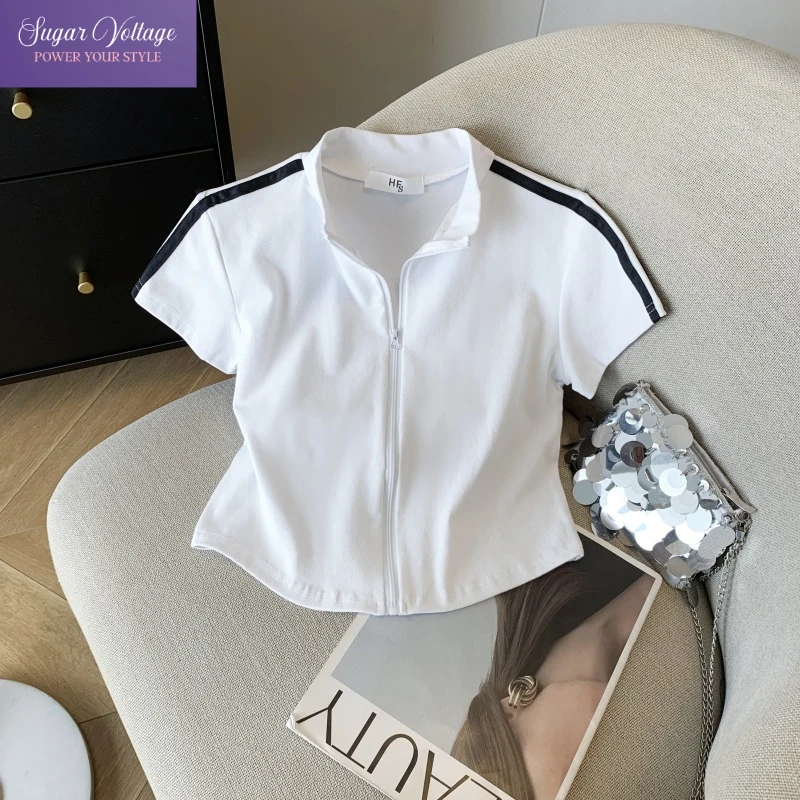 

Sporty Streetwear Zip Up Crop Tops Women Contrast Black White Short Sleeve T Shirt Slim Fit Summer 2025 Korean Casual Pretty Tee