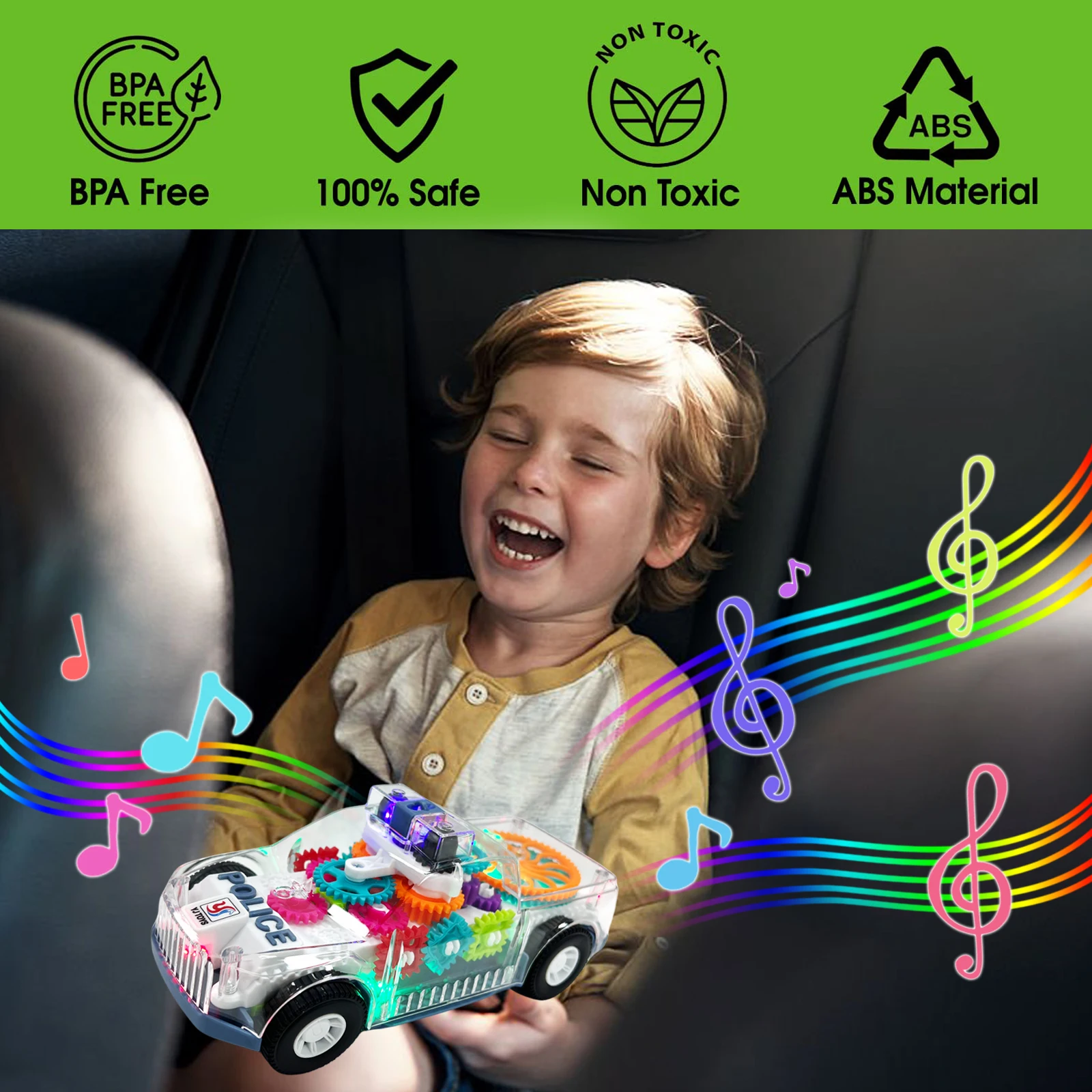 Children's Electric Toy Simulation Police Car with Transparent Gear Mechanism Colorful Sound & Light Perfect Gift for Babies