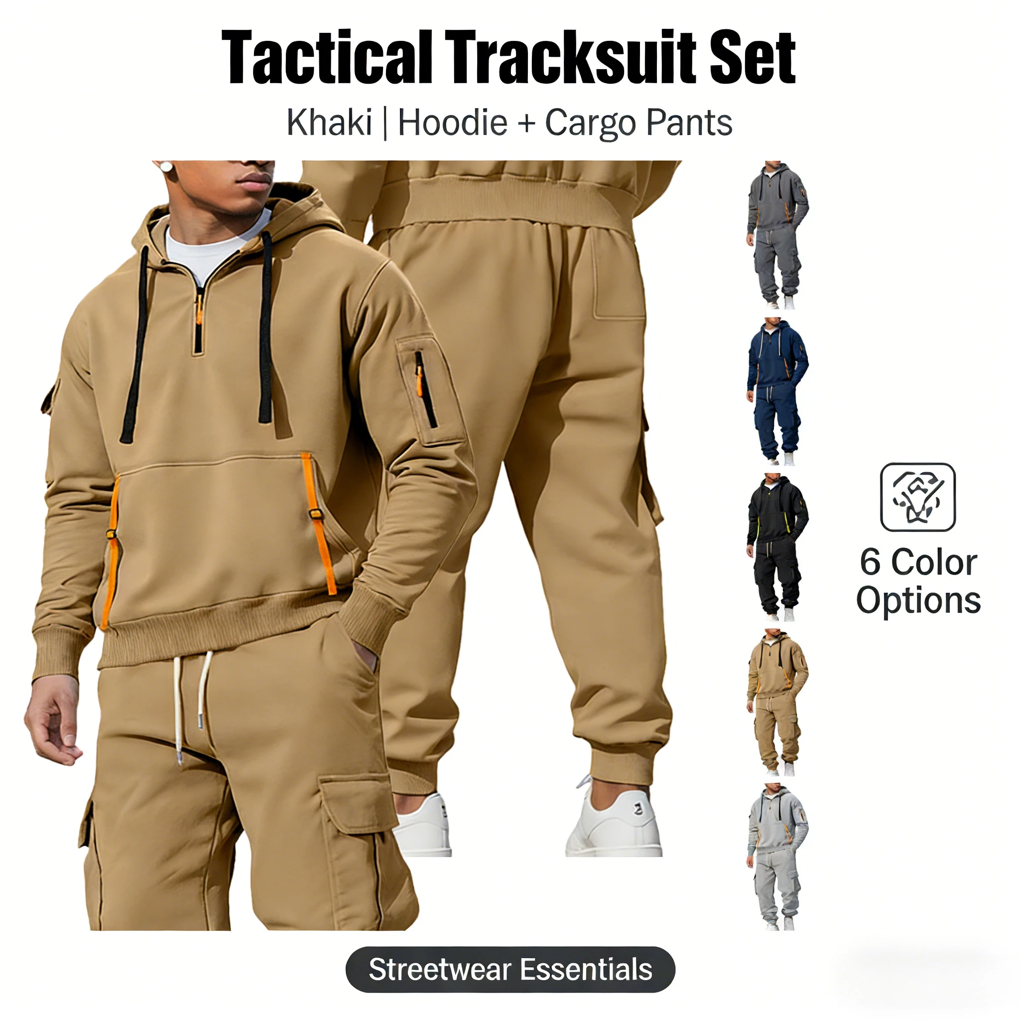 

New Fall Winter Men's Fleece Sweatshirt Fashion Hoodie Zipper Multi-Pocket Kaha Special Cargo Pants Set