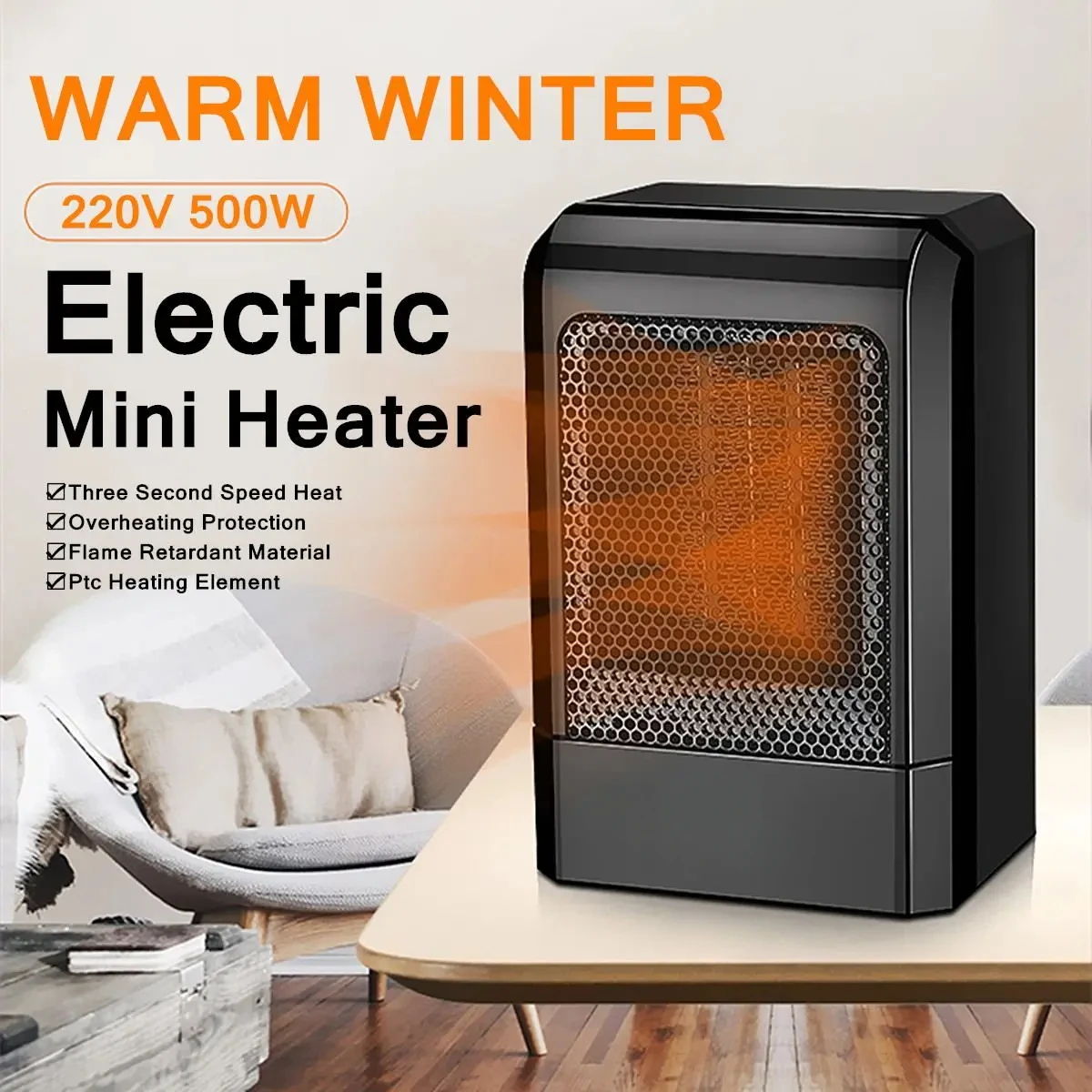 220V 500W Portable Electric Mini Fan Space Heater Winter Warm Home Office Desk EU Plug PTC Ceramic Heating Energy Saving