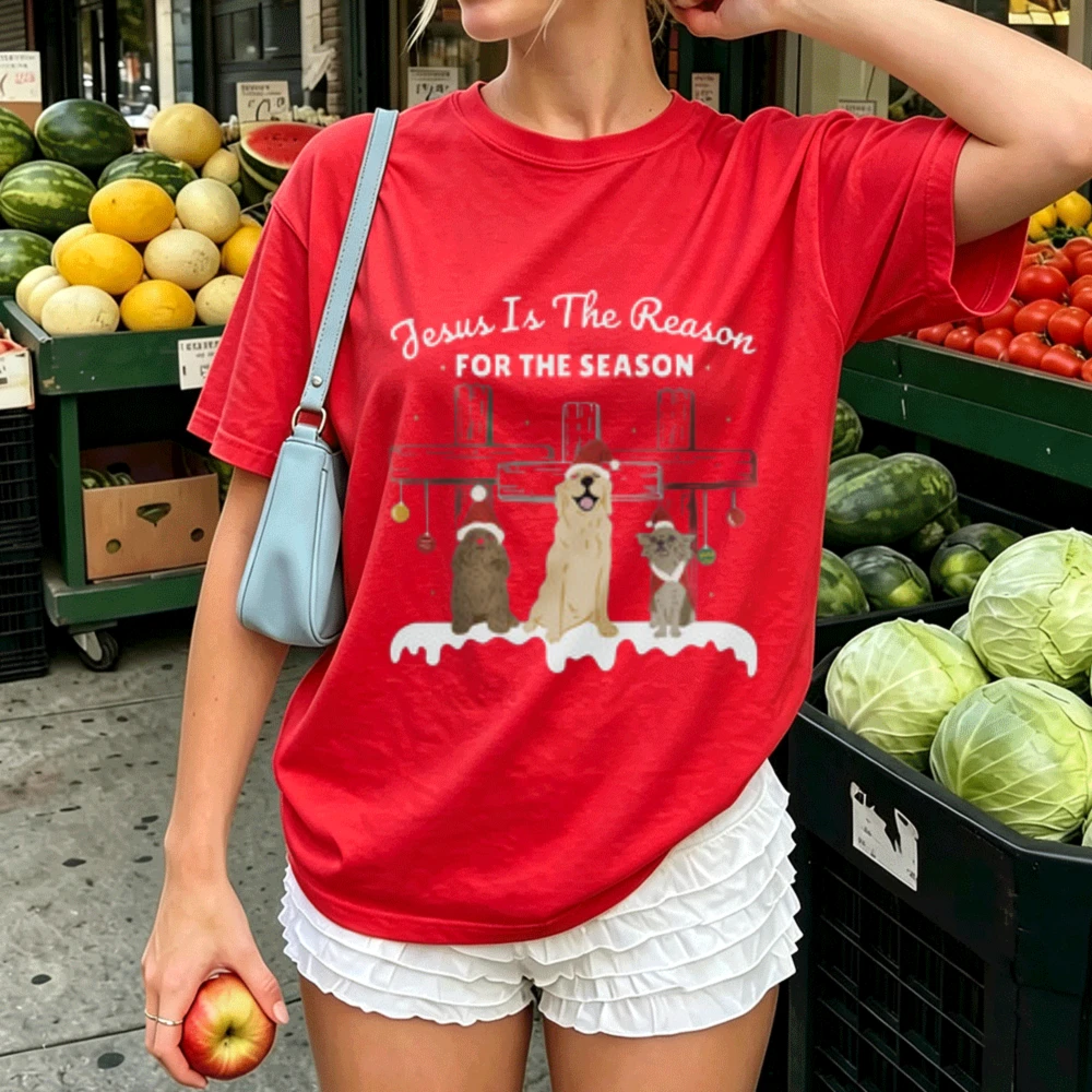Jesus Is The Reason for The Season Christmas Dogs Graphic T‑Shirt Cotton Santa Hat Puppy Xmas Holiday Religious Faith Streetwear