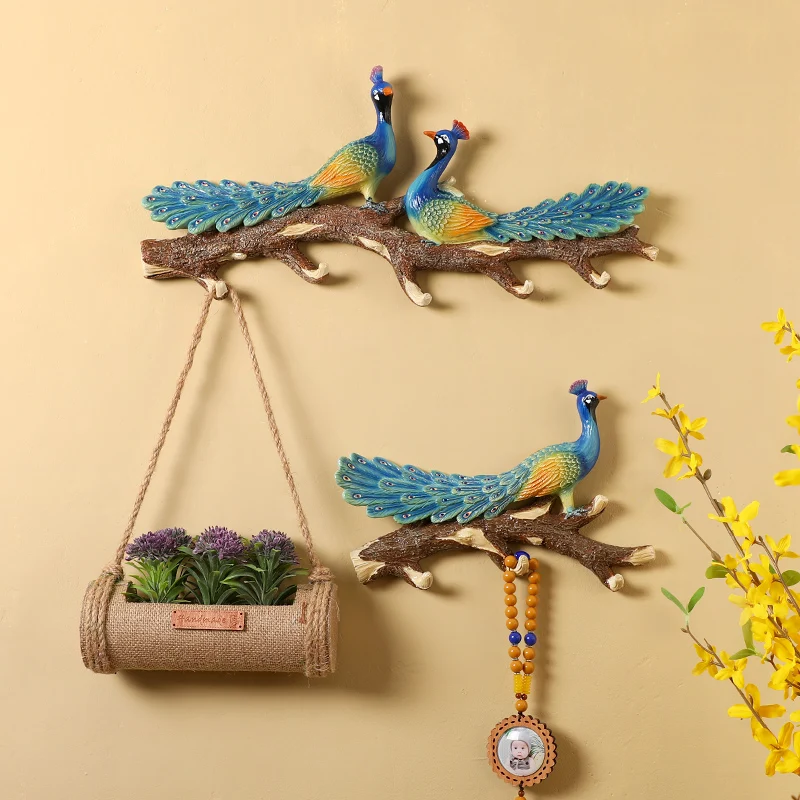 American Pastoral Resin Peacock Hook Wall Hanging Porch Indoor Coat Hanger Sticker Decoration Crafts