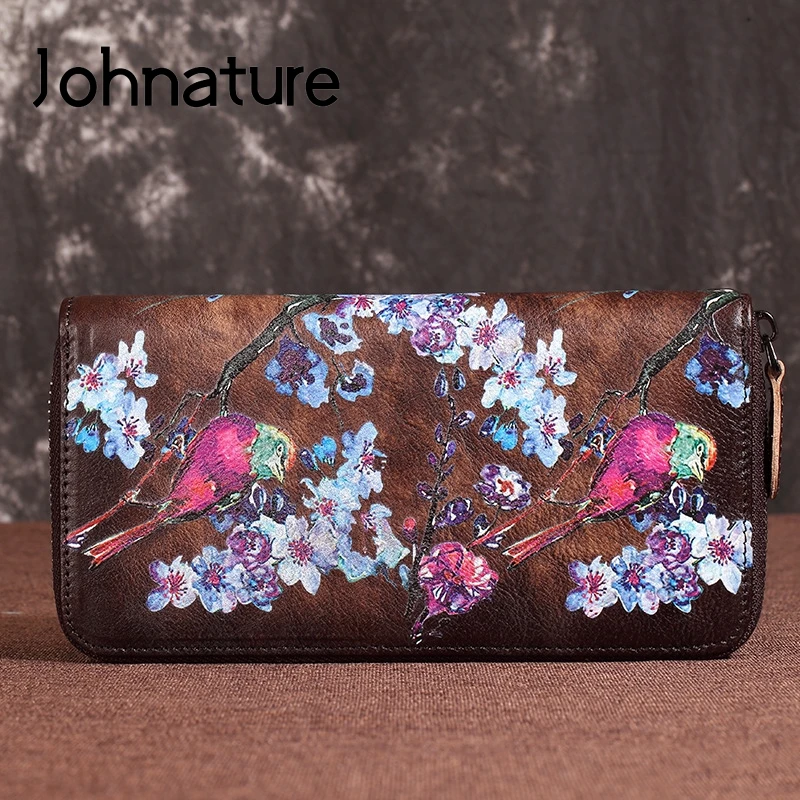 Johnature Printed Wallet 2024 New Retro Real Leather Long Womens Wallets And Purses Wallet Card Holder Soft Cowhide Phone Purse