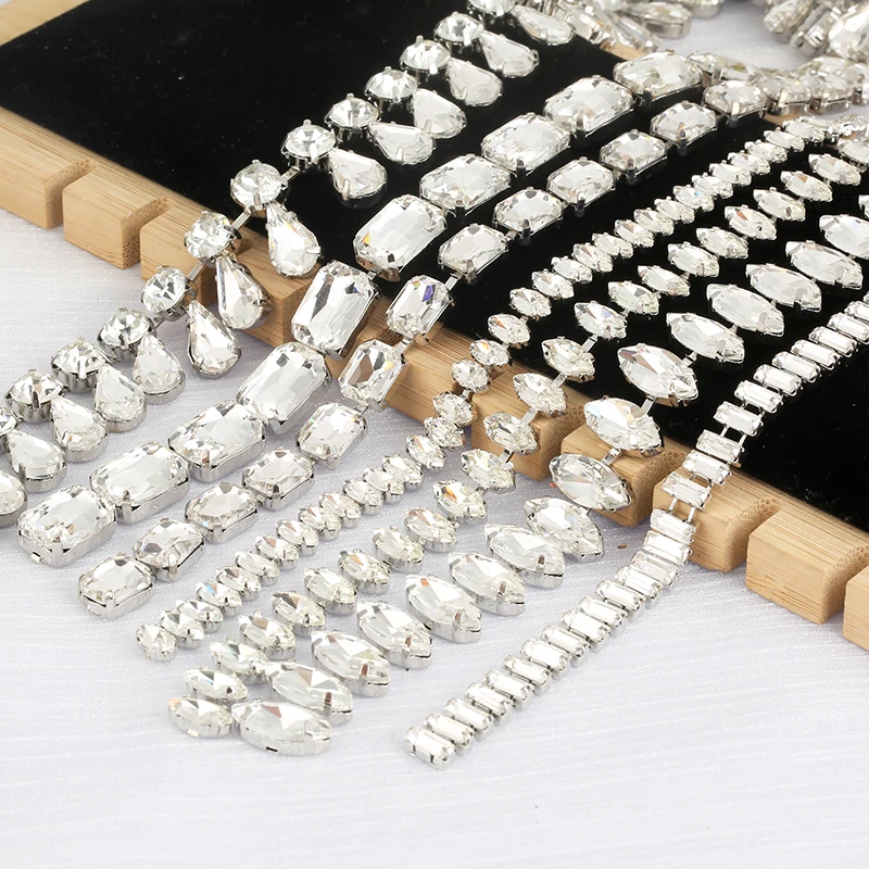 RESEN 4x8/5x10/8x10mm oko konia owalny kryształ Rhinestone wykończenia srebrna podstawa szklany łańcuszek do kubka aplikacja ze strasem przyszyć wykończenia
