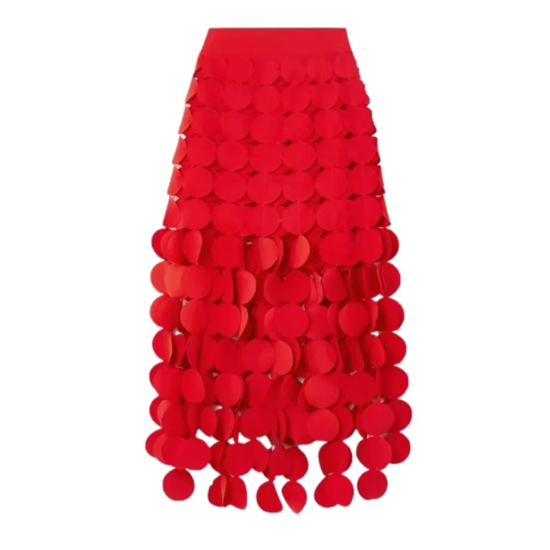 Design Red Personalized Tassel Skirt for Women 2024 Summer New Fashion Hollowed-out High Waist Hip Skirt Long Skirts