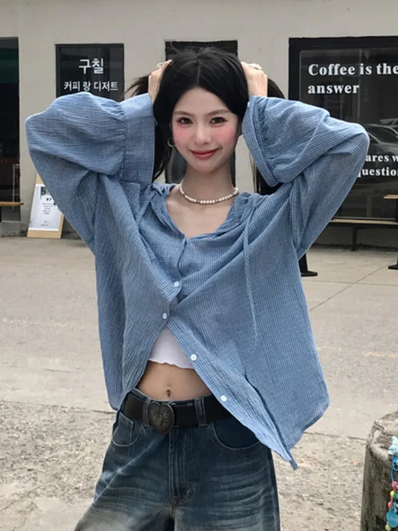 

Синяя клетчатая куртка-рубашка с капюшоном, женская летняя тонкая солнцезащитная рубашка-кардиган свободного кроя, топ в корейском стиле с длинными рукавами