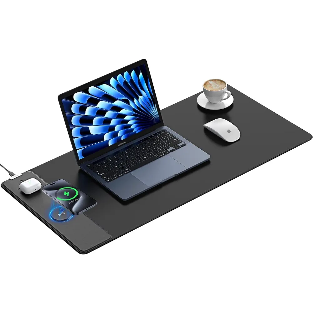 Wireless Charging Mouse Pad with Waterproof Surface and Non-Slip Base for Large Desks