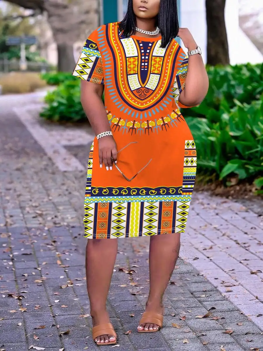 

African Print Dashiki Dress Orange Short Sleeve V-Neck Knee Length Ethnic Style