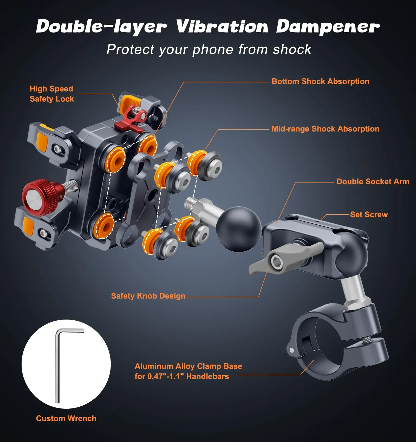 Aluminum Motorcycle Phone Mount Holder with Vibration Dampener & High-Speed Secure Lock for 6"-7.2" Phone