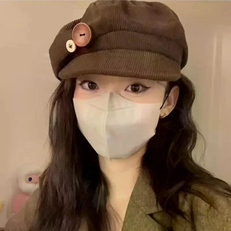 Womens Corduroy Octagonal Newsboy Cap Double Wooden Buttons Soft Face Flattering Beret Hat For Autumn Winter Daily Outfit