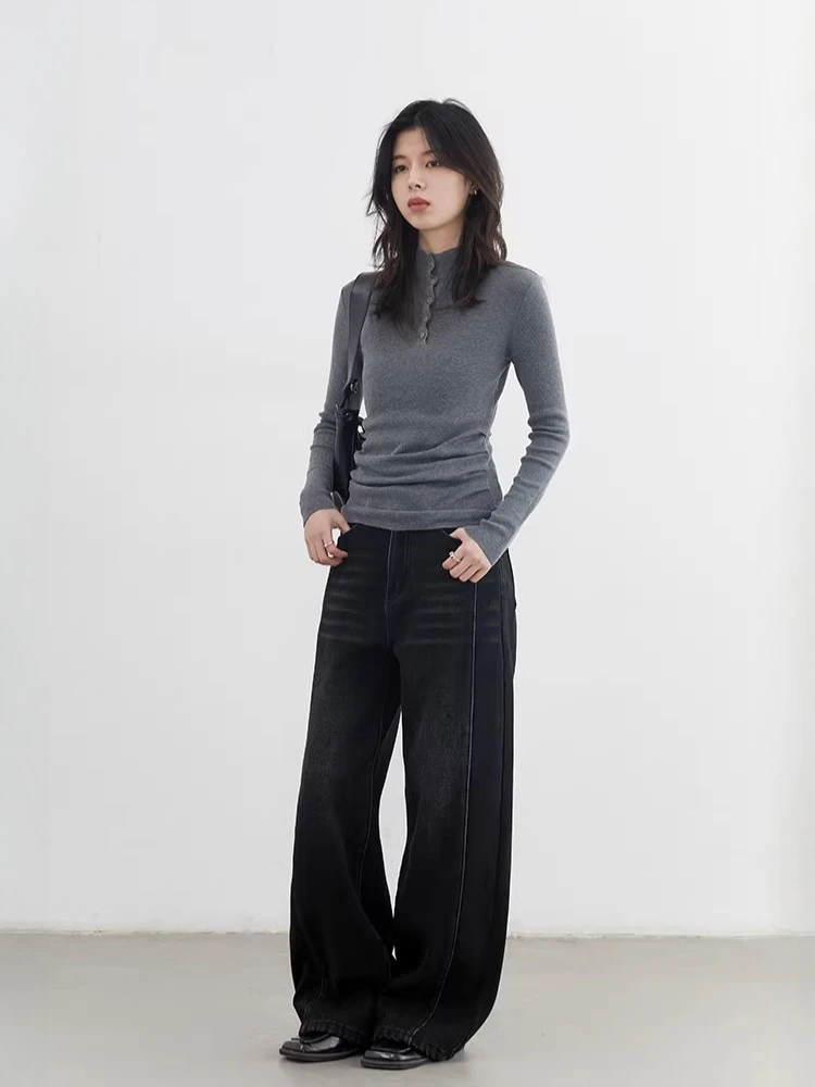 กางเกงยีนส์ผู้หญิง CHIC VEN สไตล์เรโทรลำลอง ทรงหลวม ขาตรง ผ้าเดนิมหนา ซักฟอก ขัดผิว กางเกงขายาวผู้หญิง ผ้าพลัฌ สำหรับฤดูใบไม้ร่วงและฤดูหนาว ปี 2025