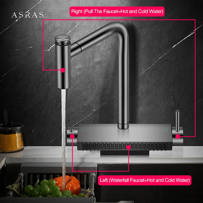 2024 Black Brass Waterfall Faucet Hot And Cold Water Kitchen Faucet Dual Holder Switch Pull Out 360 Degree Kitchen Mixer Tap