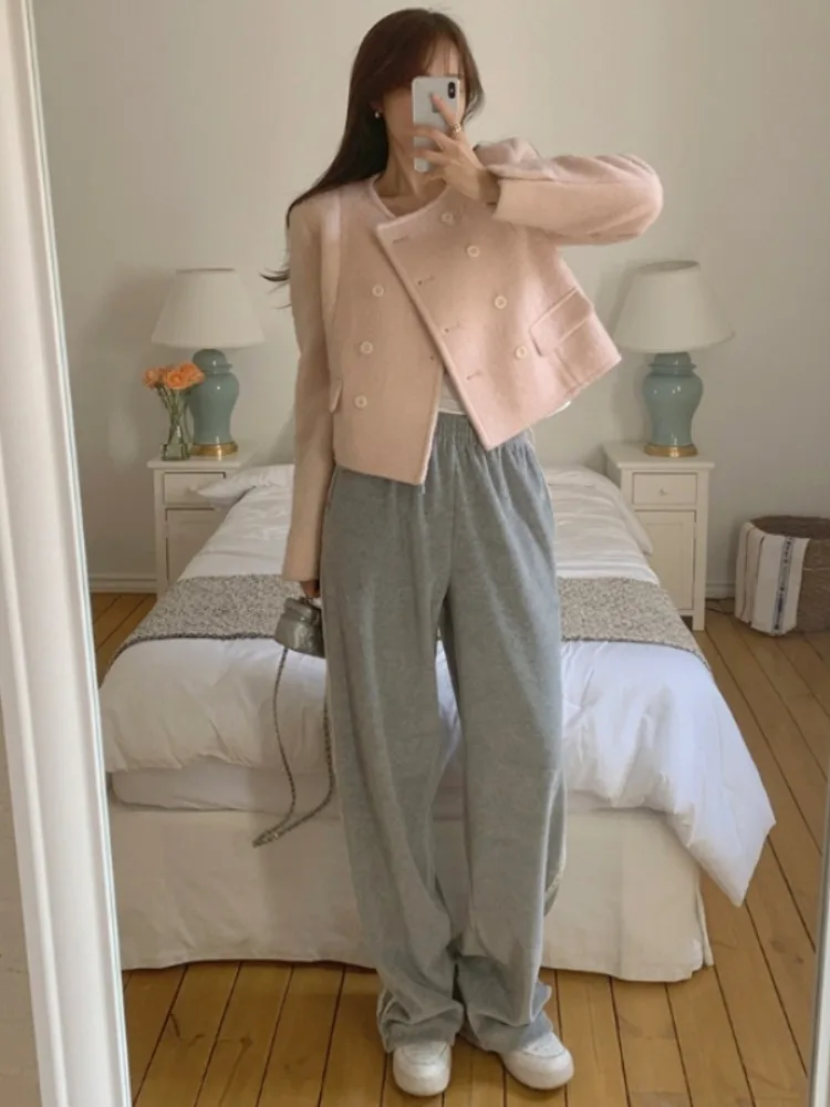 กางเกงขายาวลำลองเอวสูงแต่งขอบลูกไม้สไตล์เรโทรสำหรับผู้หญิง ดีไซน์เก๋ไก๋ ผ้ากำมะหยี่เนื้อนุ่มพลิ้วไหว ทรงขากว้าง แฟชั่นฤดูใบไม้ผลิและฤดูใบไม้ร่วง