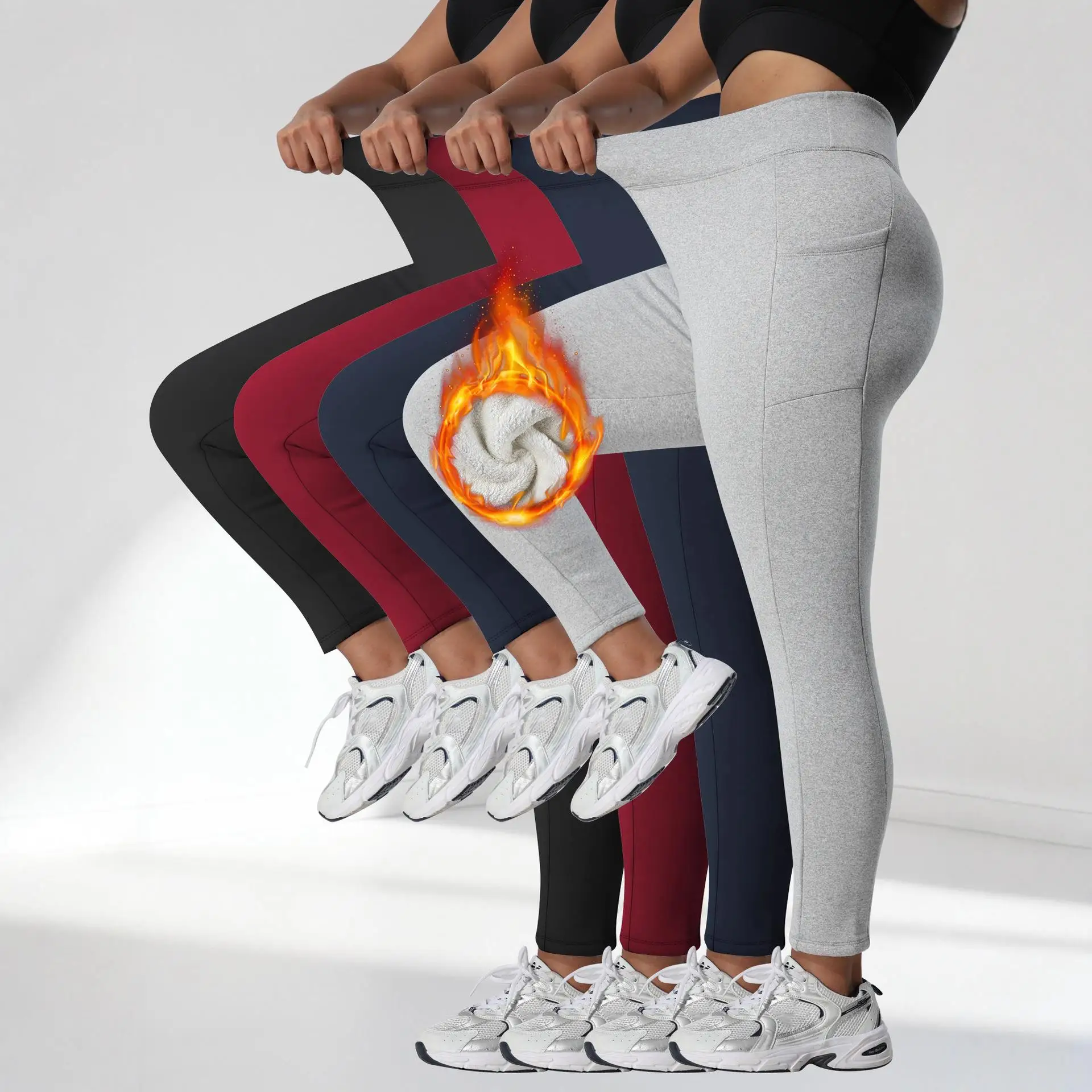 Women's Large Thick Leggings High Waistband Pockets Warm Base Layer Pants Pure Color Winter Fashion Ladies' Trousers