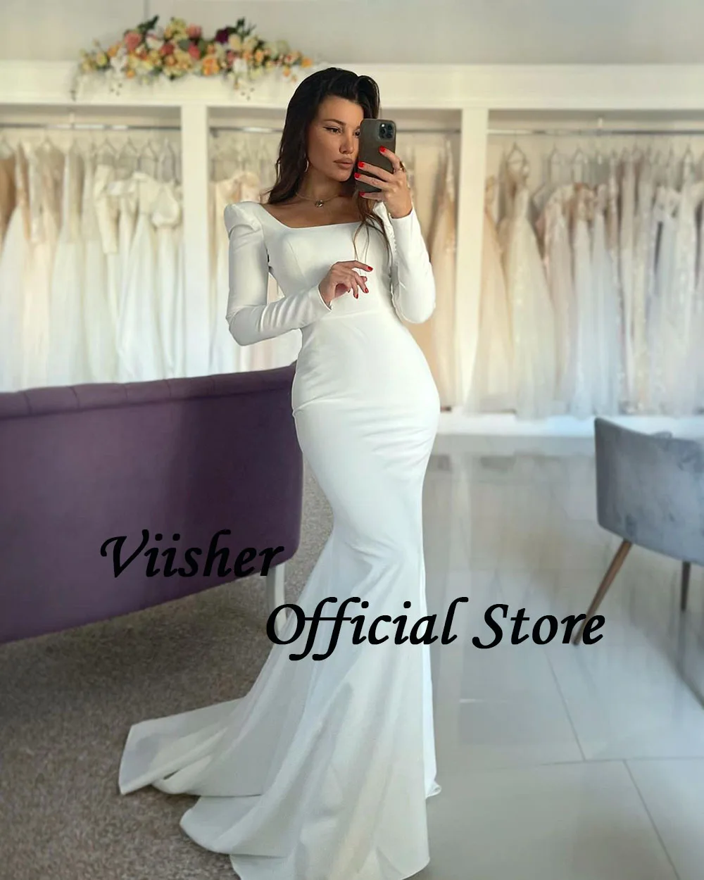 Viisher White Mermaid Wedding Dresses Long Sleeve V Neck Tight Boho Bride Dress Pleats Satin Long Wedding Bridal Gown