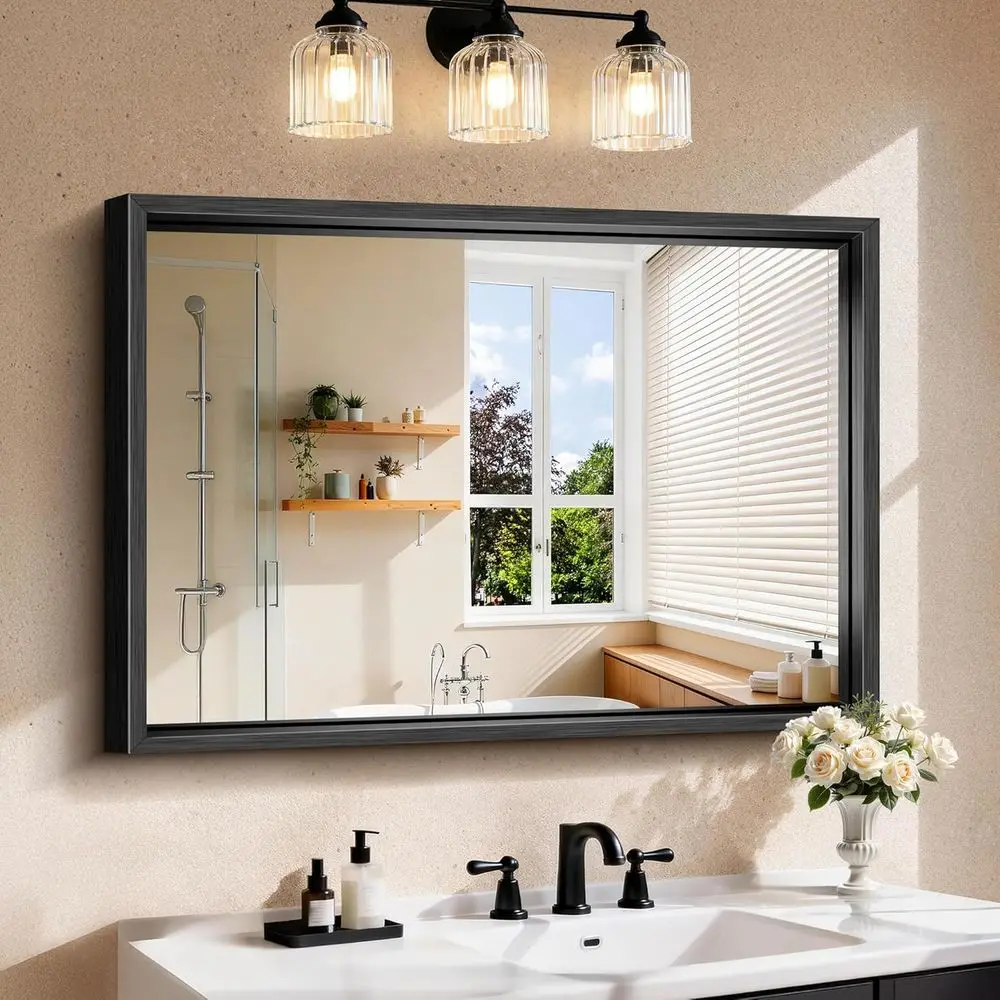 

30"x42" Black Mirror with Chunky Box Metal e, Brushed inish Recular Bathroom Mirror Over Sink, Living Room, Entryway, Tempered G