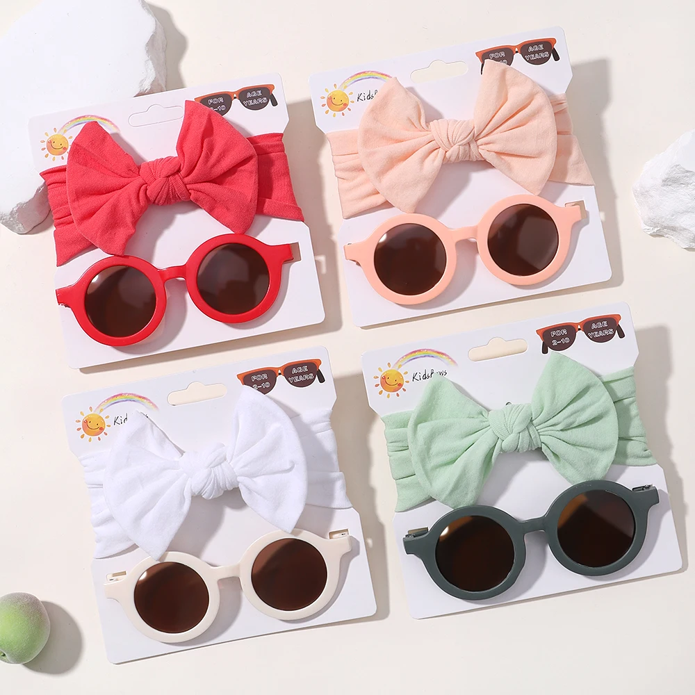 2 Pcs/Set New Children Solid Color Cotton Bowknot Wide Hairband Round Sunglasses Set Baby Girls Sunglasses Kids Hair Accessories