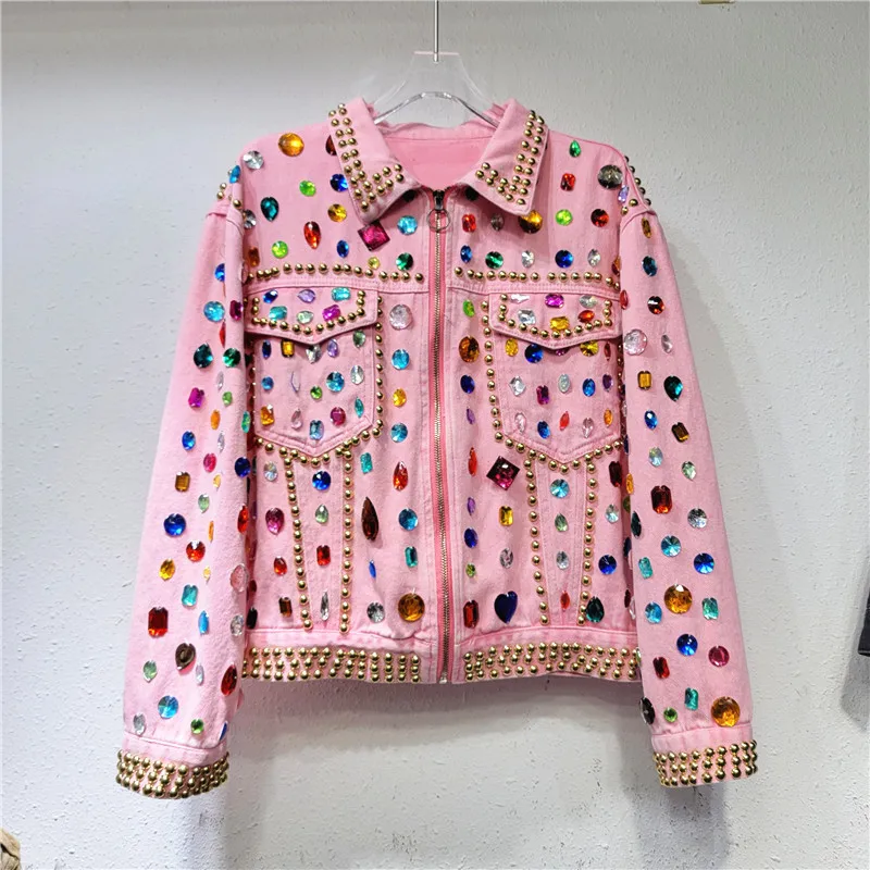 

Heavy Work Rivet Beaded Diamond Pink Denim Jacket Casual Loose Zipper Lapel Long Sleeve Spring New Cowboy Coat Chaqueta Mujer