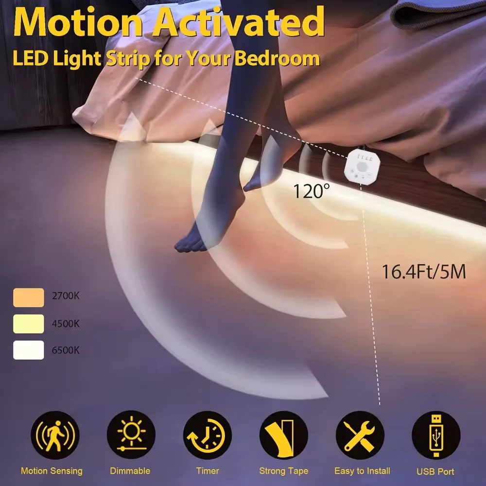 Smart PIR Motion Sensor Super Bright 12V COB LED Strip Light Auto ON/OFF 320leds/m Linear Dimmable Kitchen Stair Wardrobe Decor