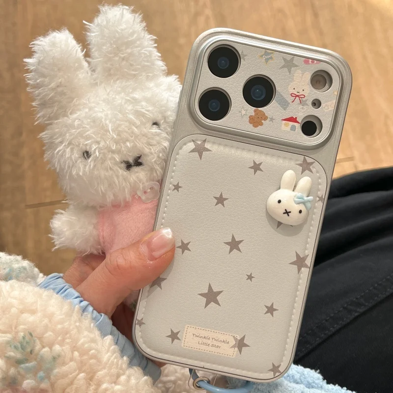 

Luxury Cartoon Cute Star 3D solid Miffy leather Phone Case For iPhone 13 14 15 16 17 Pro Max Lovely Miffy Furry Wrist Strap﻿﻿