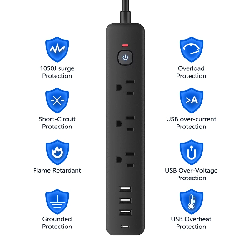 Удлинитель с разъемом американского стандарта и несколькими розетками, удлинителем длиной 3 м, быстрой зарядкой через USB Type-C и защитой от перенапряжения.