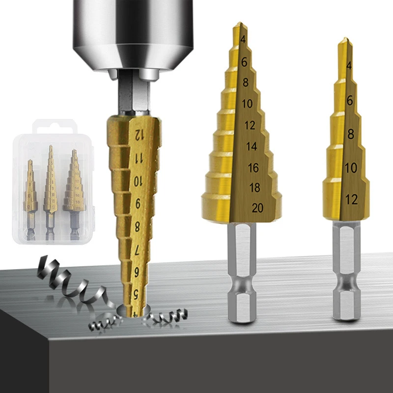 

Hexagonal shank straight groove titanium plated step drill 3-12/4-12/4-20 boxed expansion step drill pagoda drill bit set