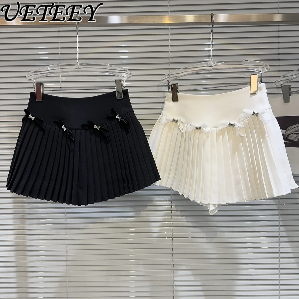 

2024 Spring and Summer New Sweet Hot Girls Bow Decoration Mini Skirt Elegant Socialite Short Pleated Skirts for Women